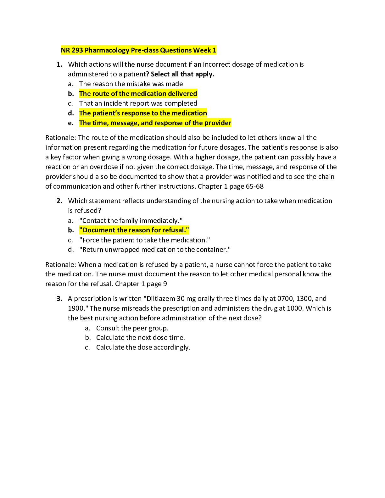 Preview of NR 293 Pharmacology Pre-class Questions Week 1 2021/2022